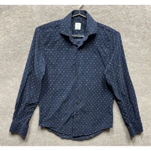 Boggi Milano Corduroy Shirt Men Small Blue Leaf Print Collared LS Button Down